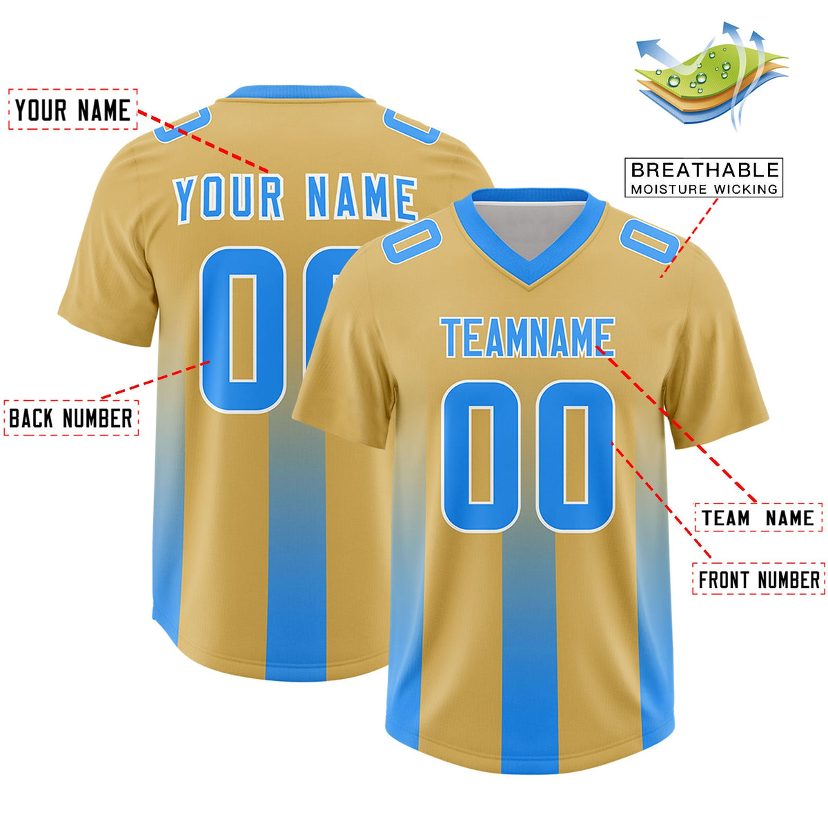 Custom Khaki Light Blue Vertical Width Stripe Gradient Fashion Personalized Team American Football Jersey