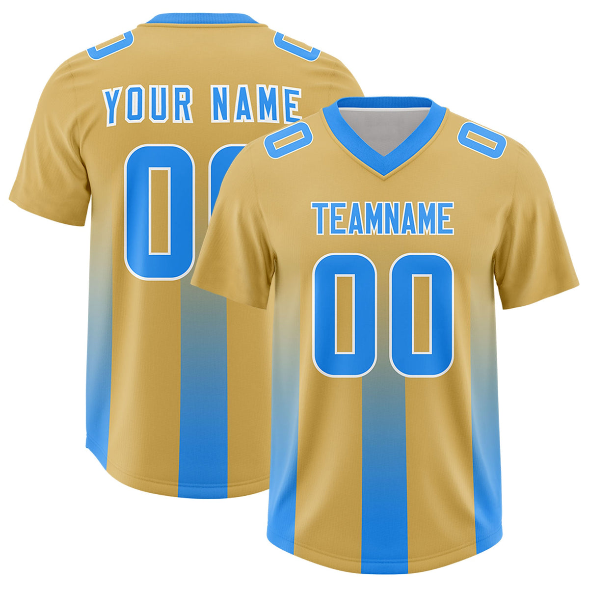 Custom Khaki Light Blue Vertical Width Stripe Gradient Fashion Personalized Team American Football Jersey