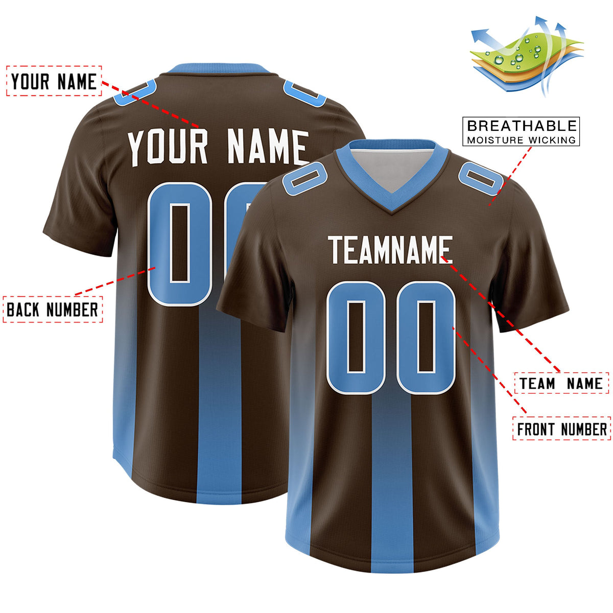 Custom Brown Powder Blue Vertical Width Stripe Gradient Fashion Personalized Team American Football Jersey