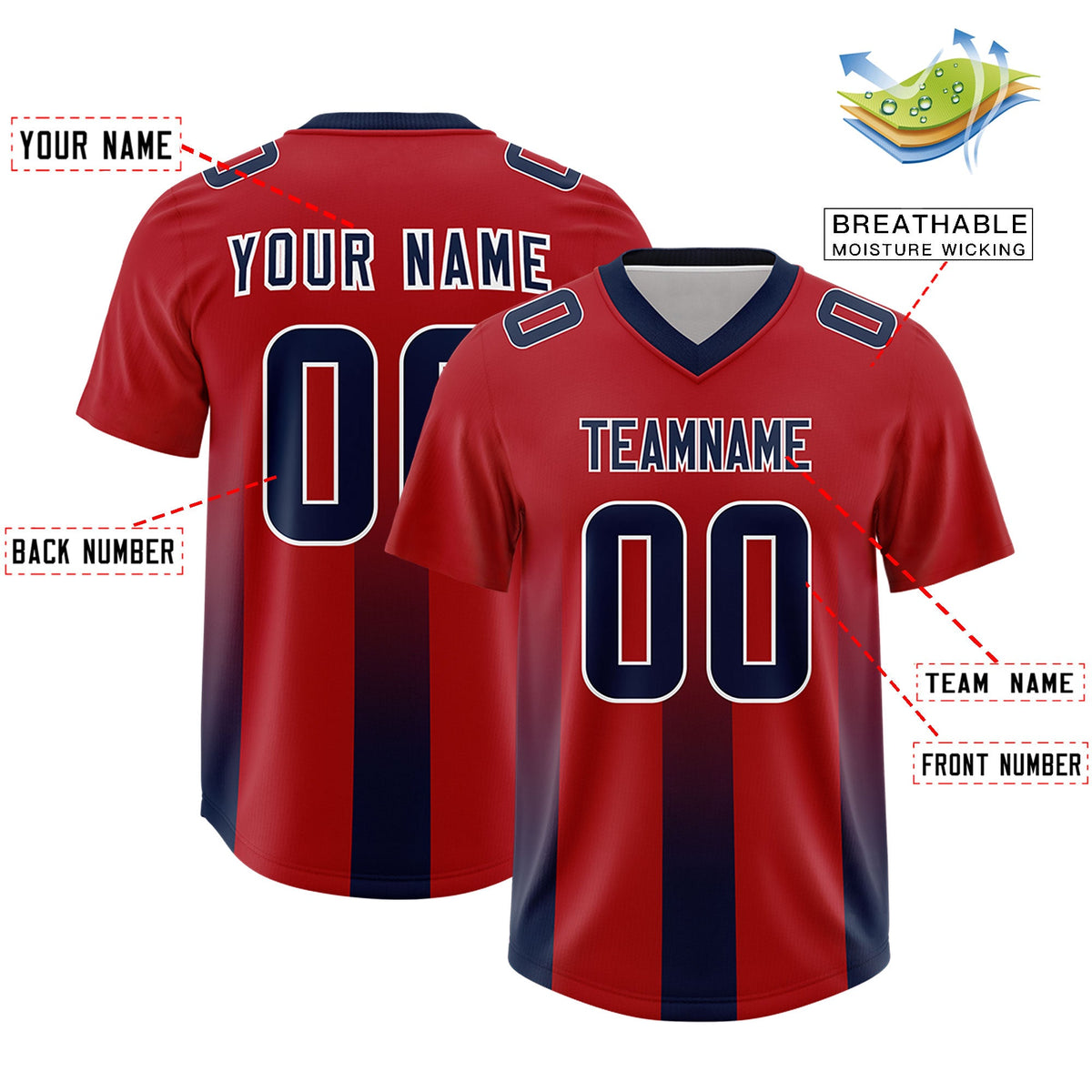 Custom Red Navy Vertical Width Stripe Gradient Fashion Personalized Team American Football Jersey