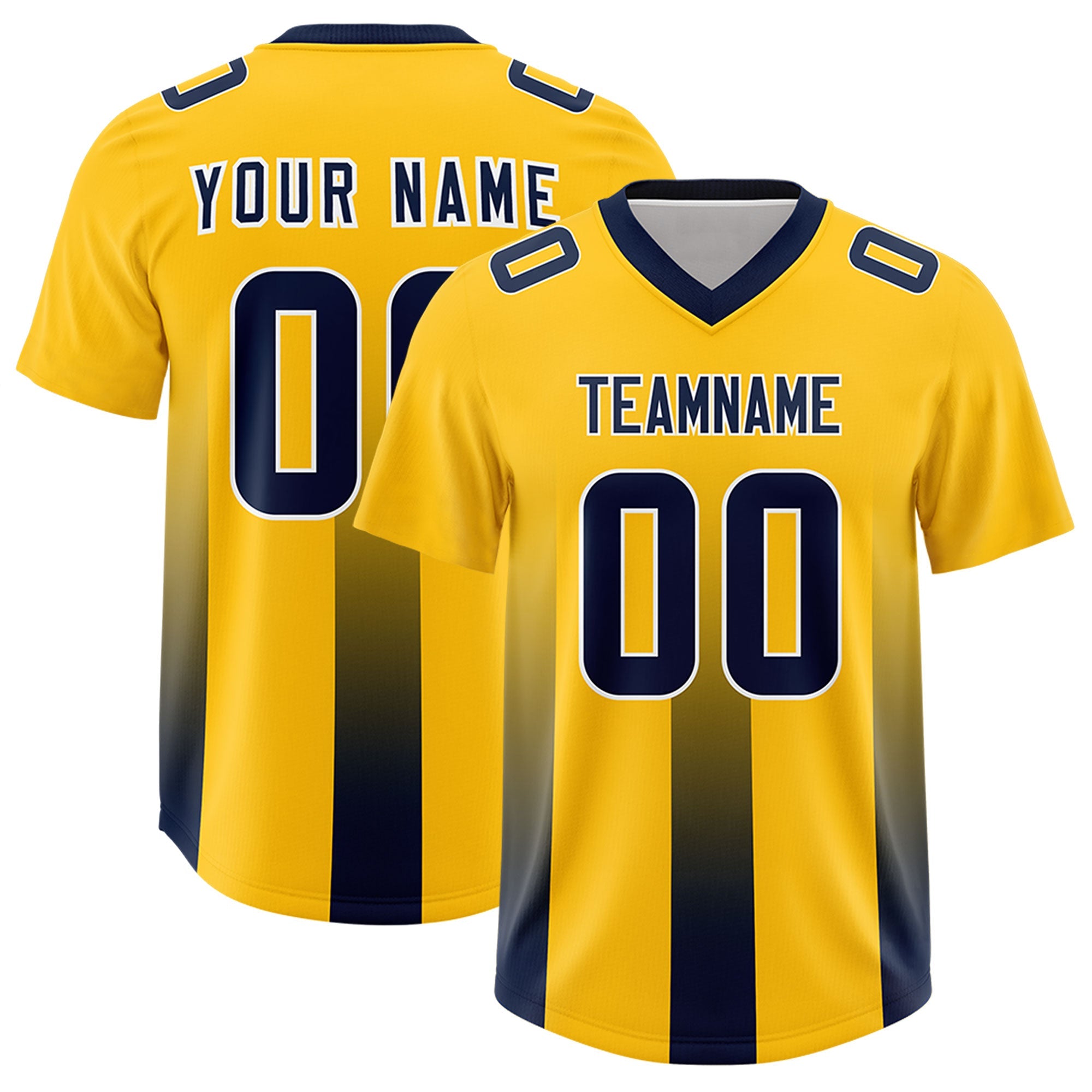 Custom Yellow Navy Vertical Width Stripe Gradient Fashion Personalized Team American Football Jersey