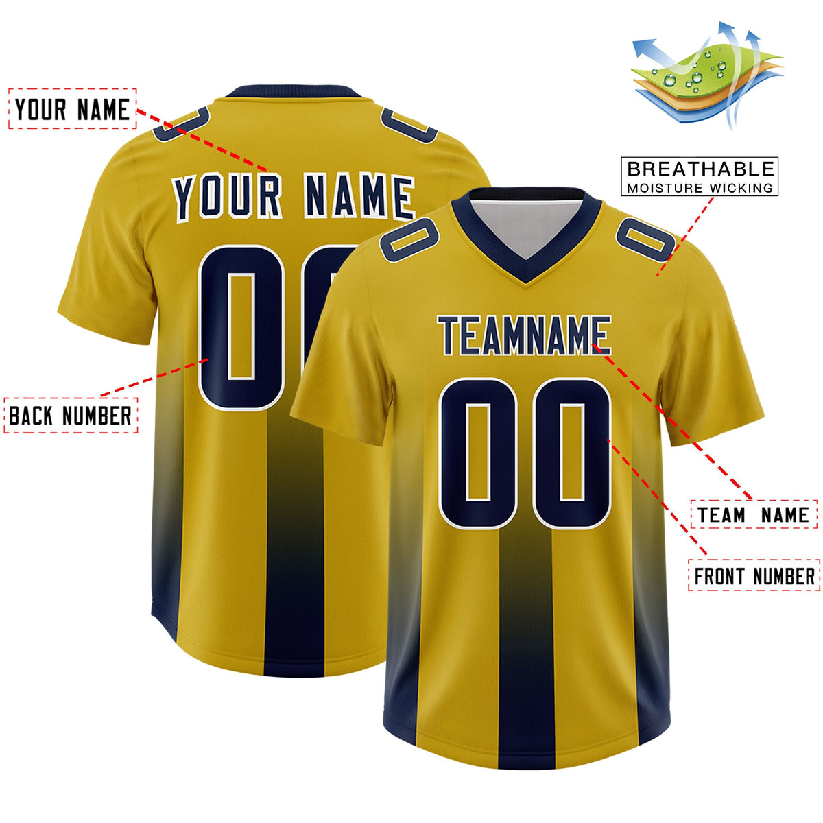 Custom Old Gold Navy Vertical Width Stripe Gradient Fashion Personalized Team American Football Jersey