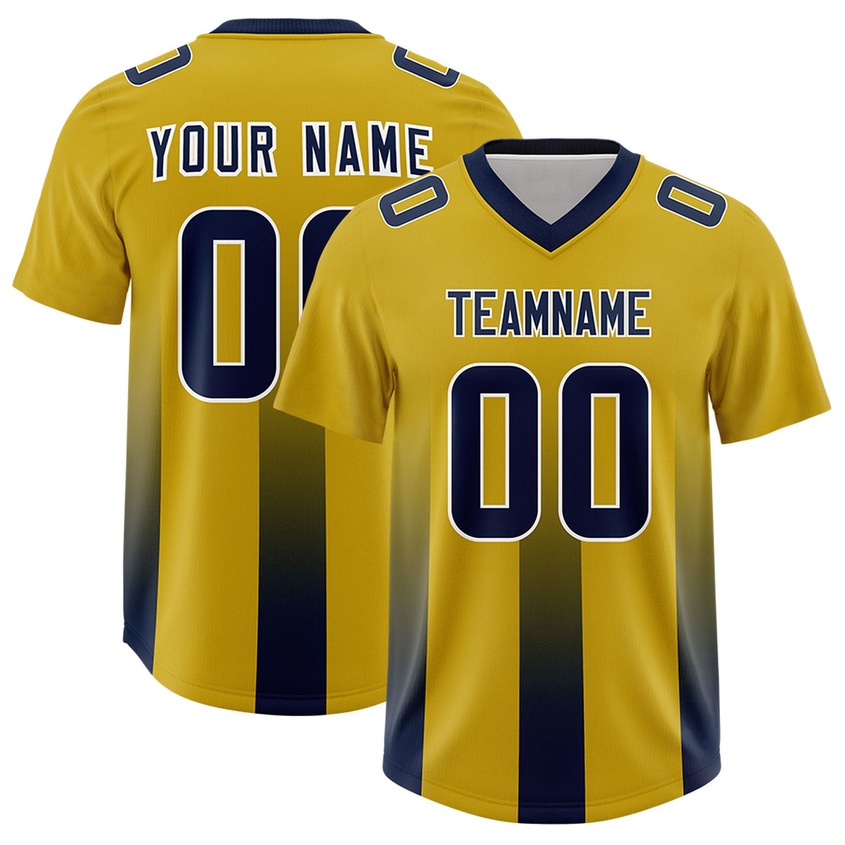 Custom Old Gold Navy Vertical Width Stripe Gradient Fashion Personalized Team American Football Jersey