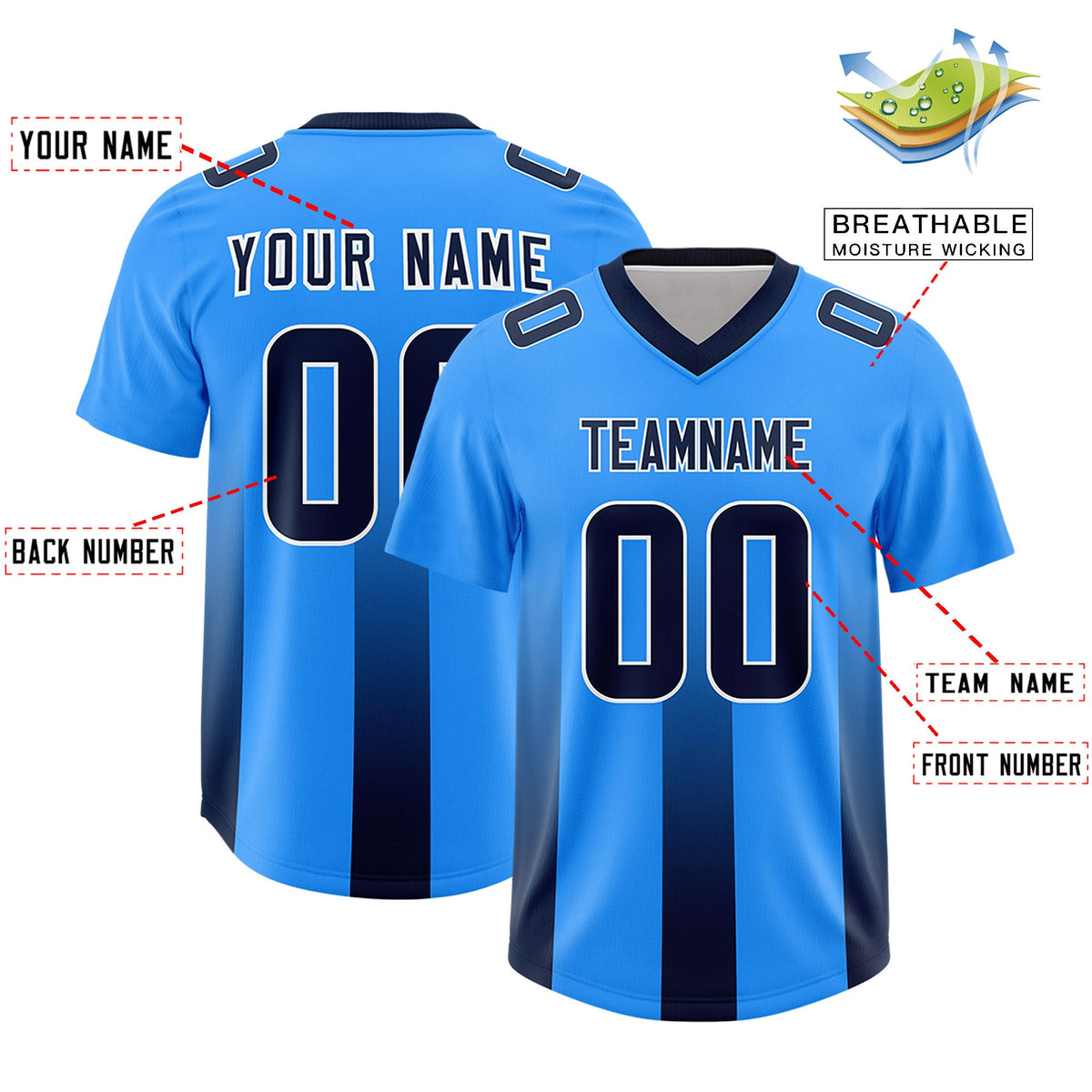 Custom Light Blue Navy Vertical Width Stripe Gradient Fashion Personalized Team American Football Jersey