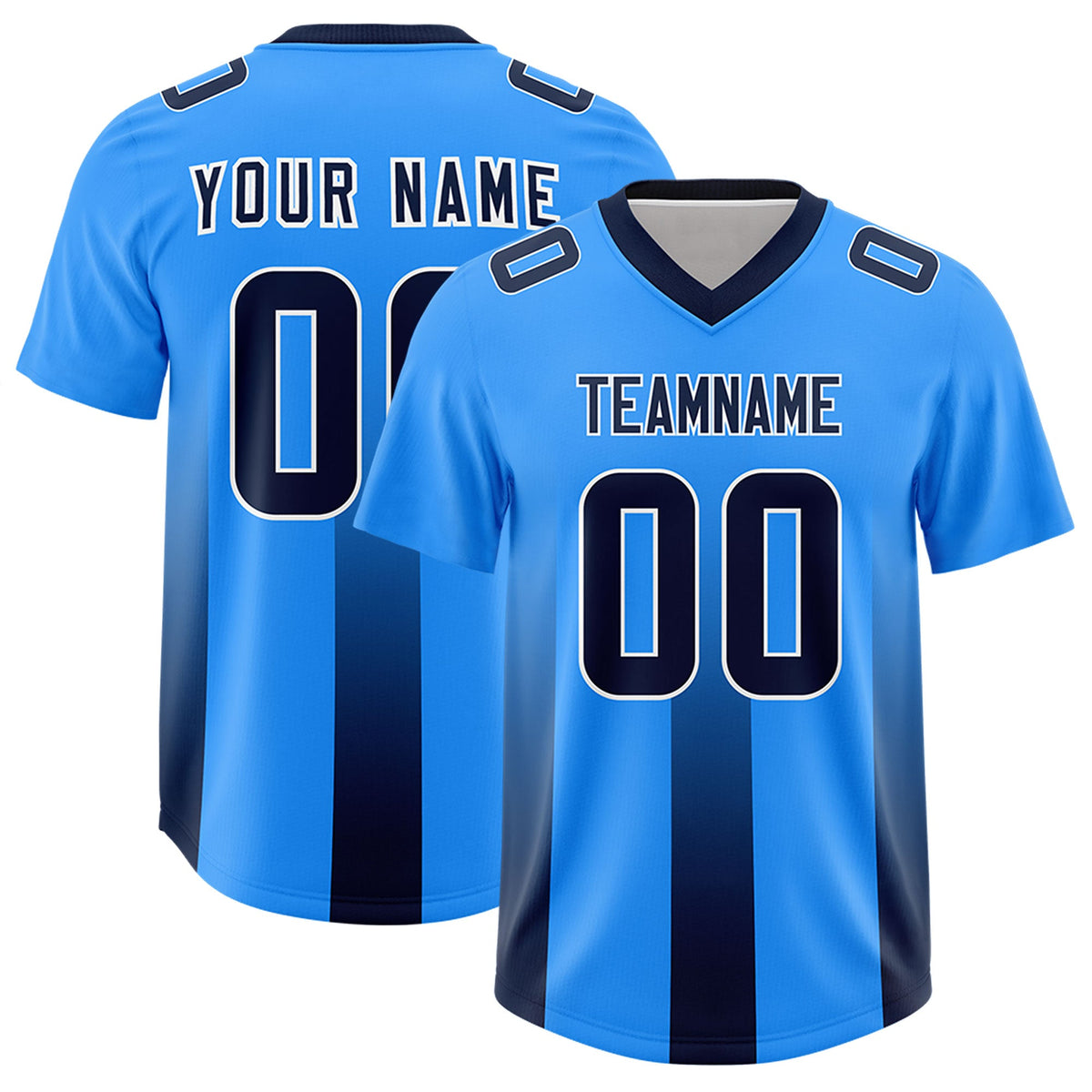 Custom Light Blue Navy Vertical Width Stripe Gradient Fashion Personalized Team American Football Jersey