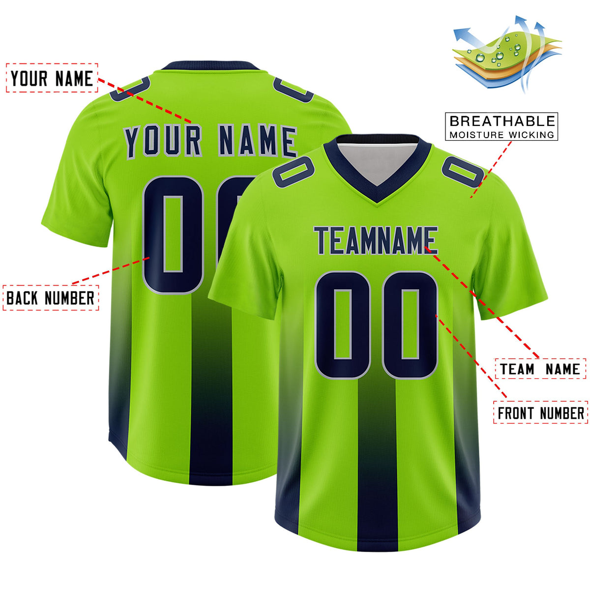Custom Neon Green Navy Vertical Width Stripe Gradient Fashion Personalized Team American Football Jersey