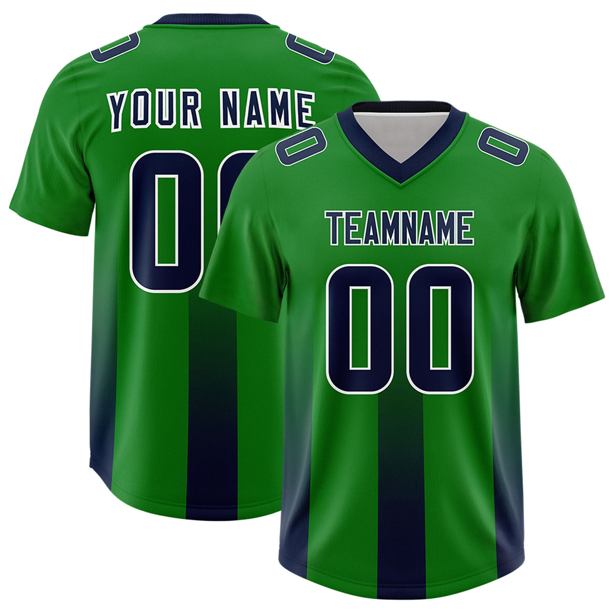 Custom Kelly Green Navy Vertical Width Stripe Gradient Fashion Personalized Team American Football Jersey