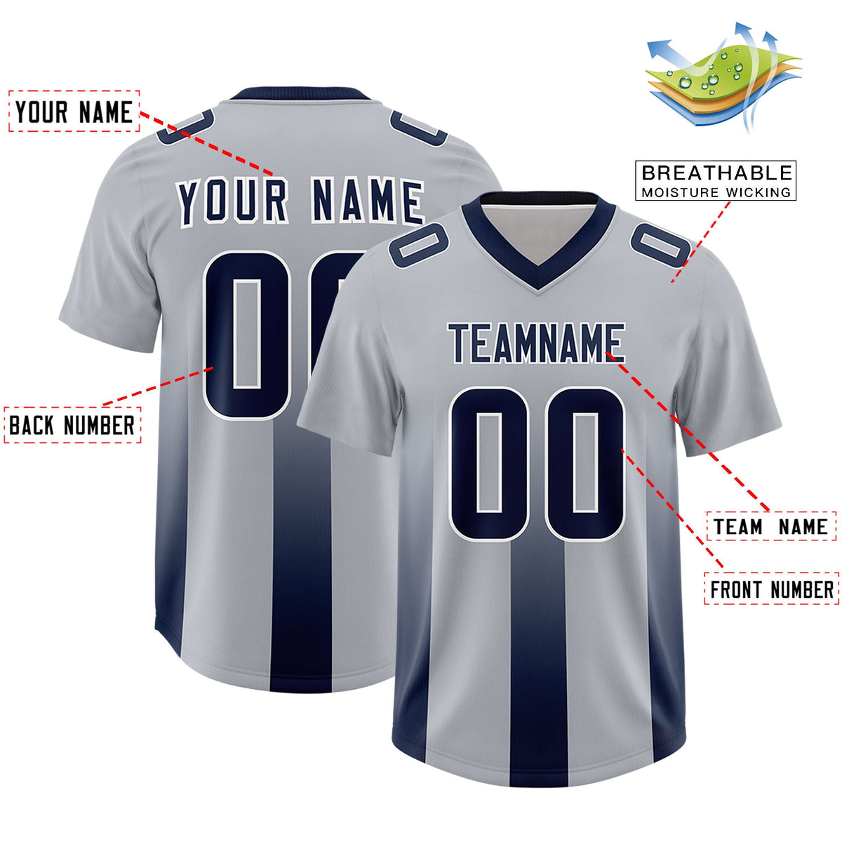 Custom Gray Navy Vertical Width Stripe Gradient Fashion Personalized Team American Football Jersey