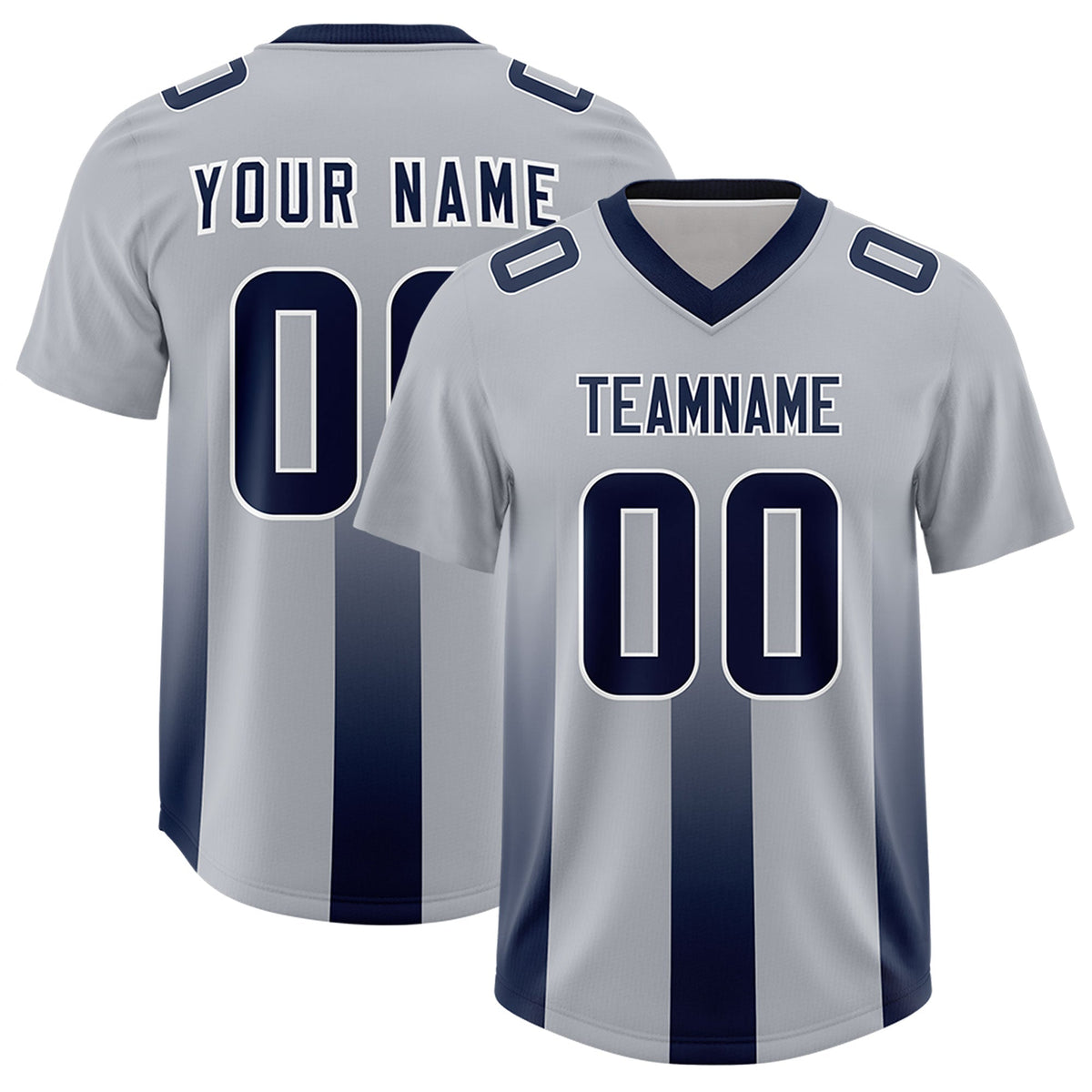 Custom Gray Navy Vertical Width Stripe Gradient Fashion Personalized Team American Football Jersey