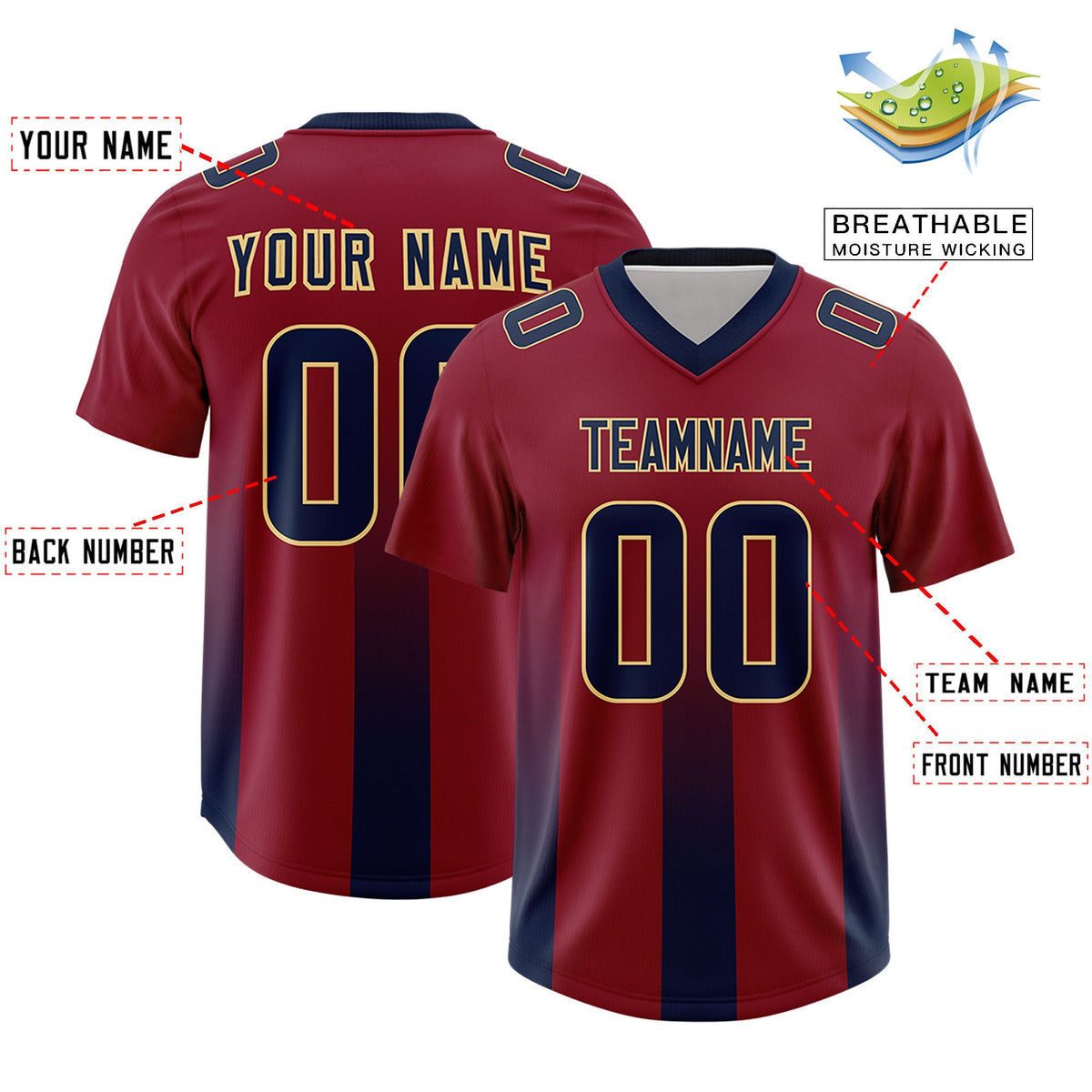 Custom Cardinal Navy Vertical Width Stripe Gradient Fashion Personalized Team American Football Jersey