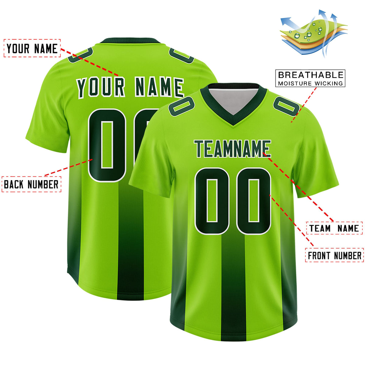 Custom Neon Green Green Vertical Width Stripe Gradient Fashion Personalized Team American Football Jersey