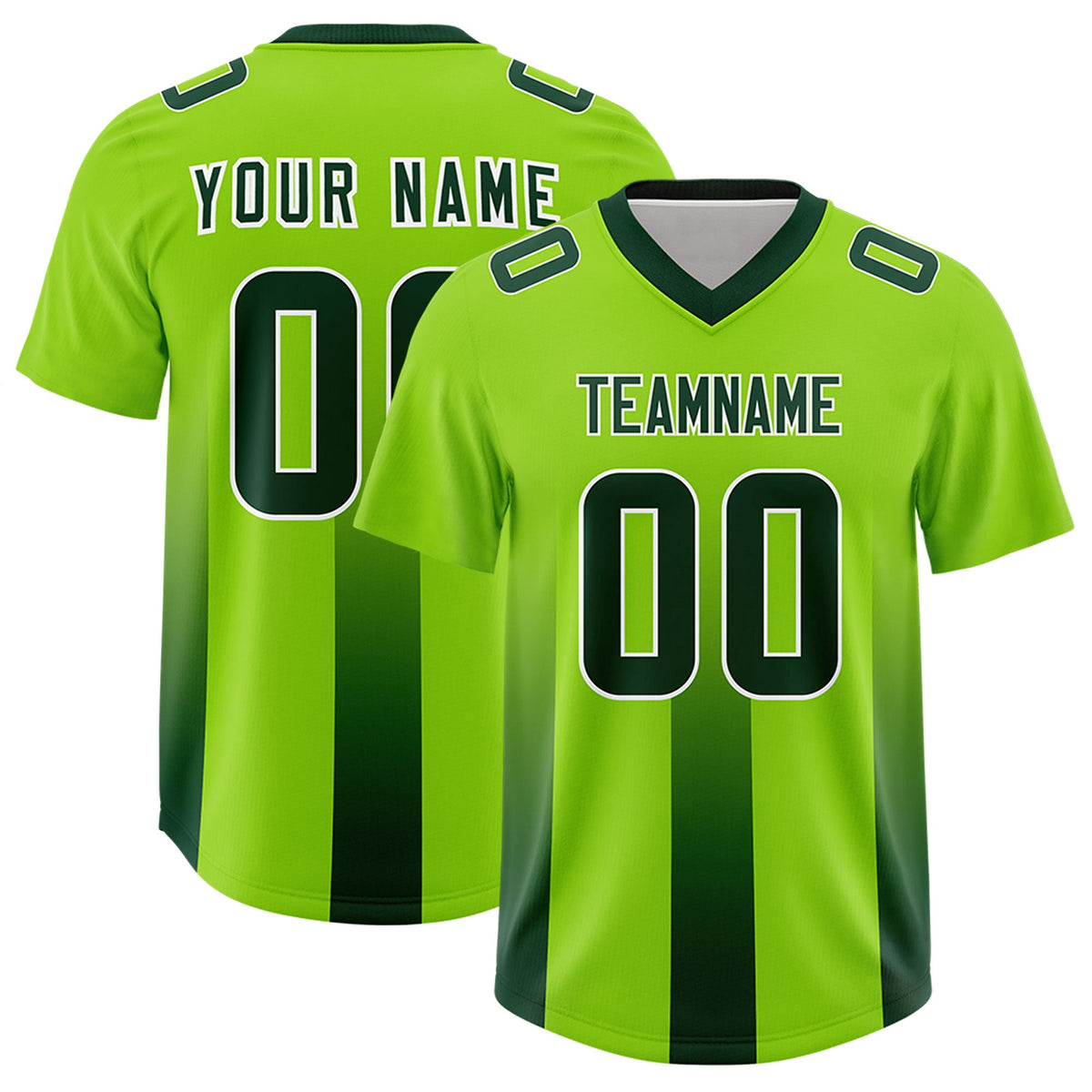 Custom Neon Green Green Vertical Width Stripe Gradient Fashion Personalized Team American Football Jersey