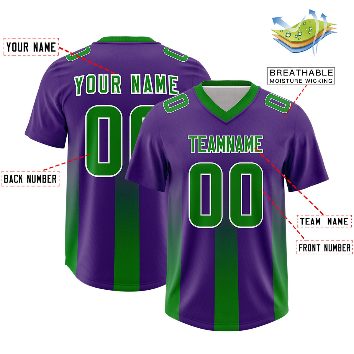 Custom Purple Kelly Green Vertical Width Stripe Gradient Fashion Personalized Team American Football Jersey