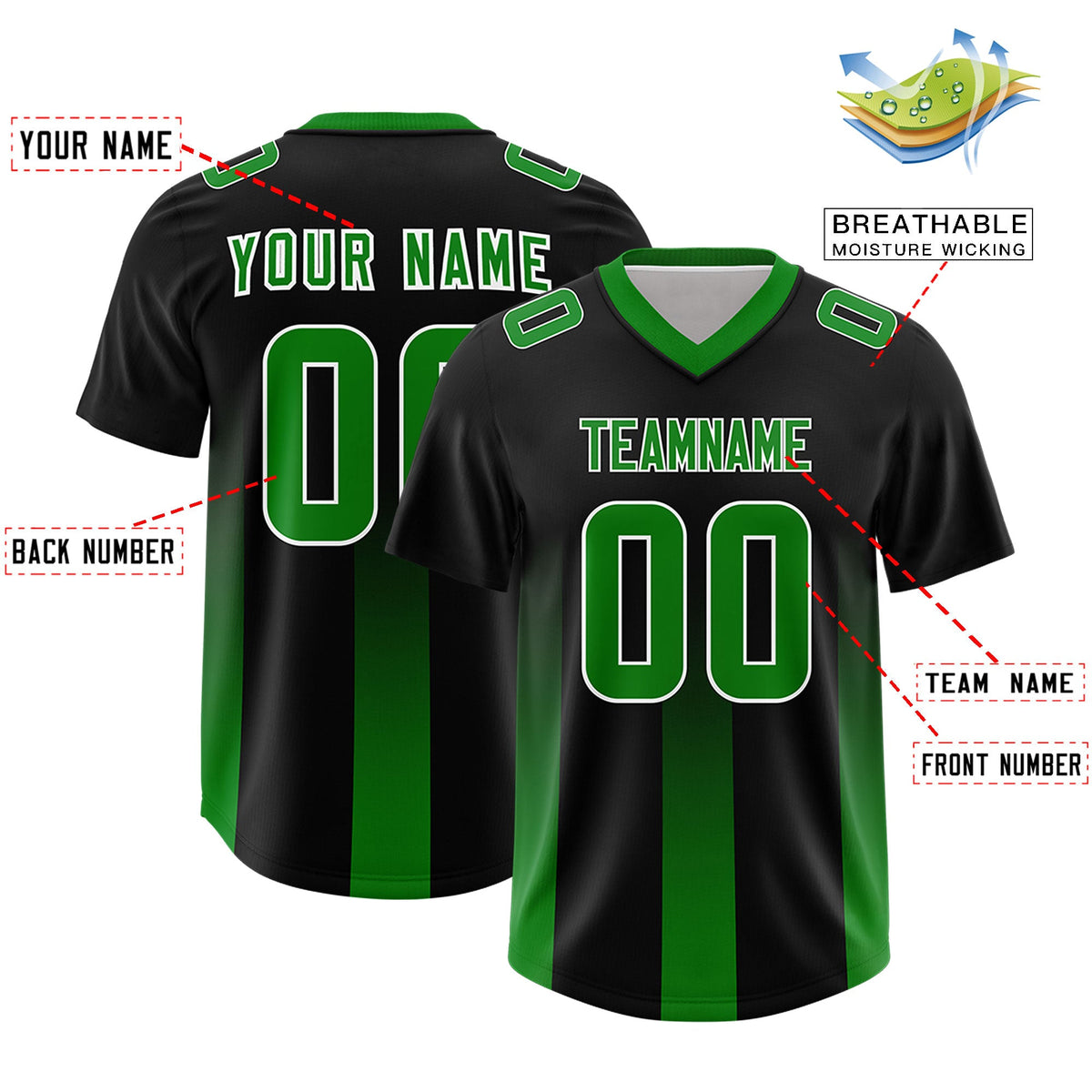 Custom Black Kelly Green Vertical Width Stripe Gradient Fashion Personalized Team American Football Jersey