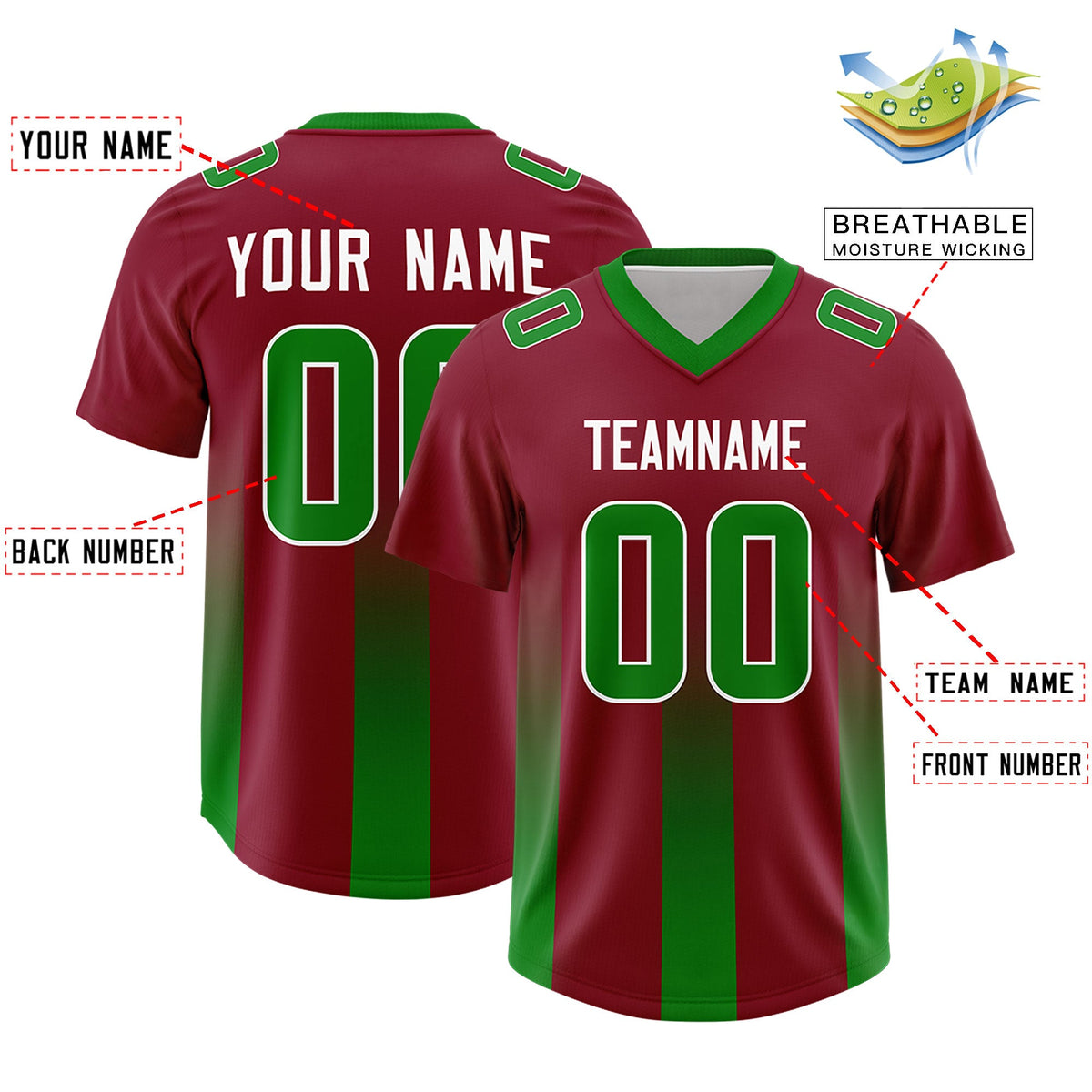 Custom Cardinal Kelly Green Vertical Width Stripe Gradient Fashion Personalized Team American Football Jersey