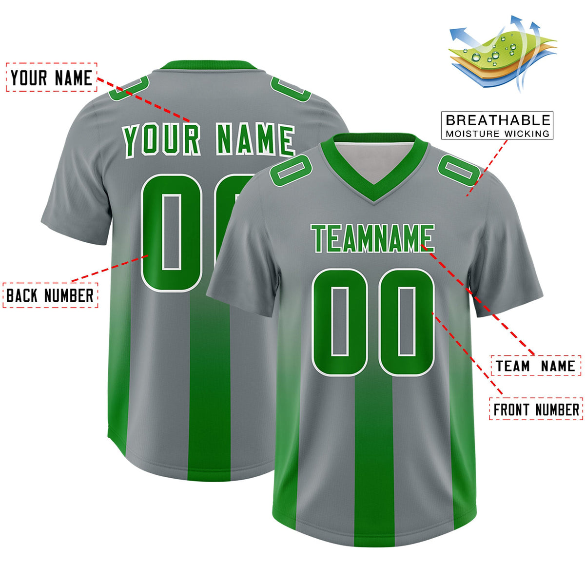 Custom Dark Gray Kelly Green Vertical Width Stripe Gradient Fashion Personalized Team American Football Jersey