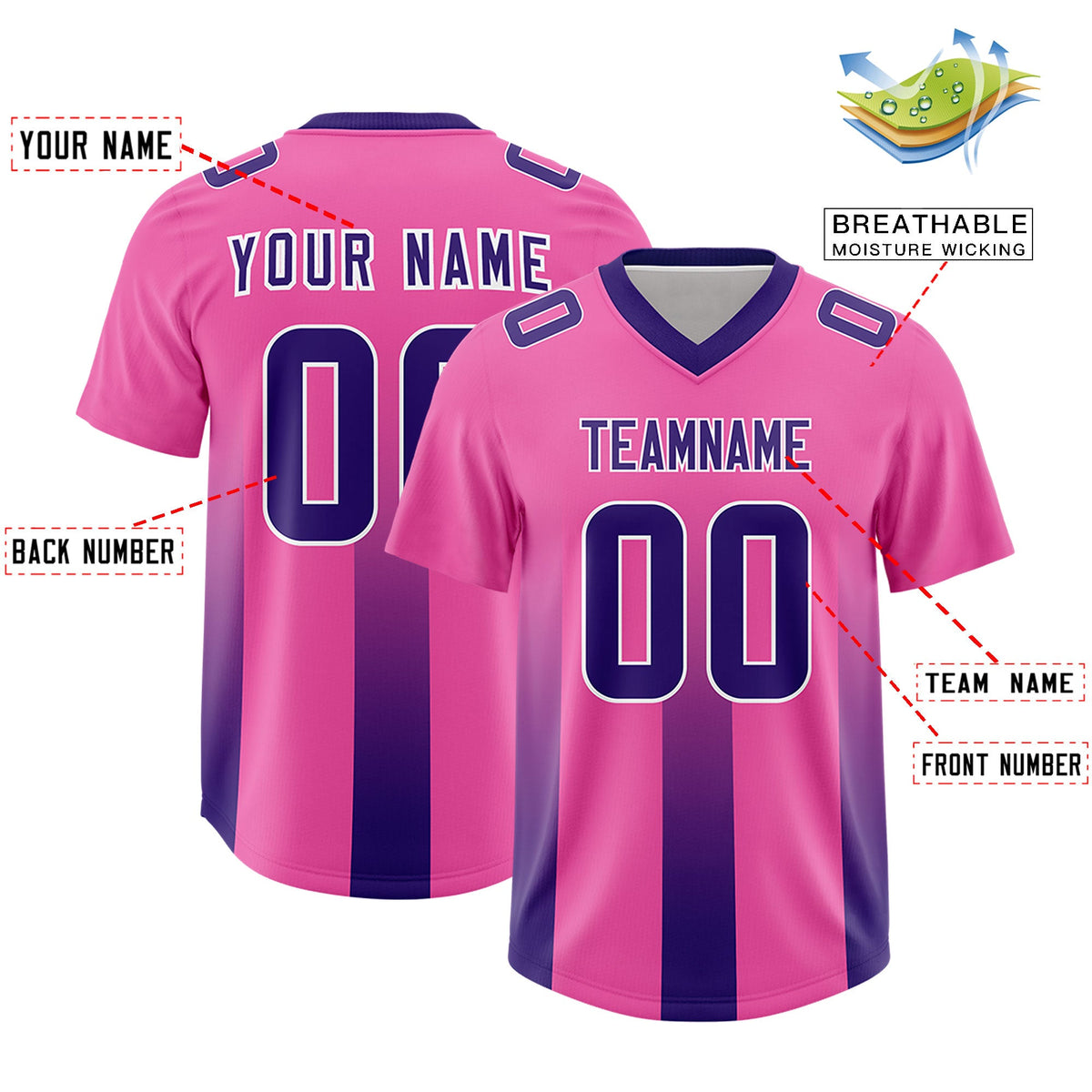 Custom Pink Purple Vertical Width Stripe Gradient Fashion Personalized Team American Football Jersey