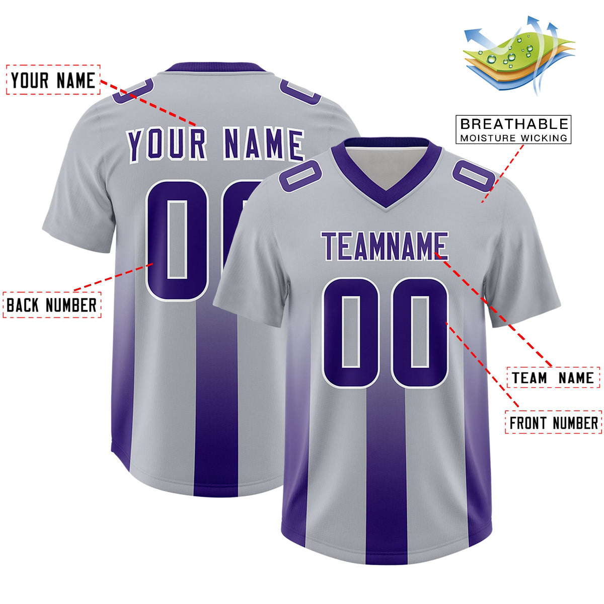 Custom Gray Purple Vertical Width Stripe Gradient Fashion Personalized Team American Football Jersey