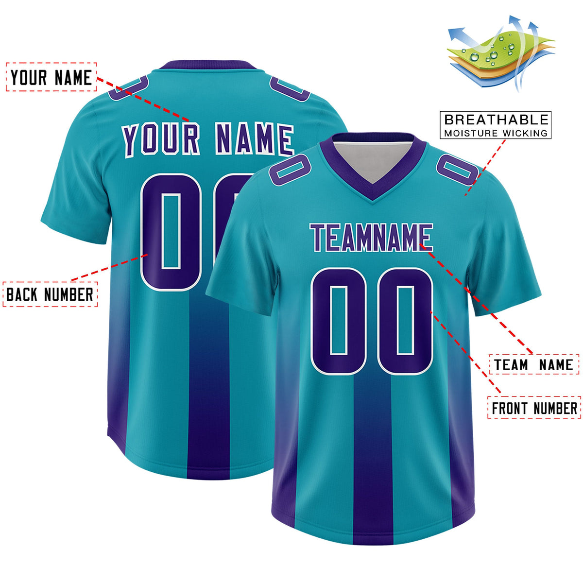 Custom Aqua Purple Vertical Width Stripe Gradient Fashion Personalized Team American Football Jersey