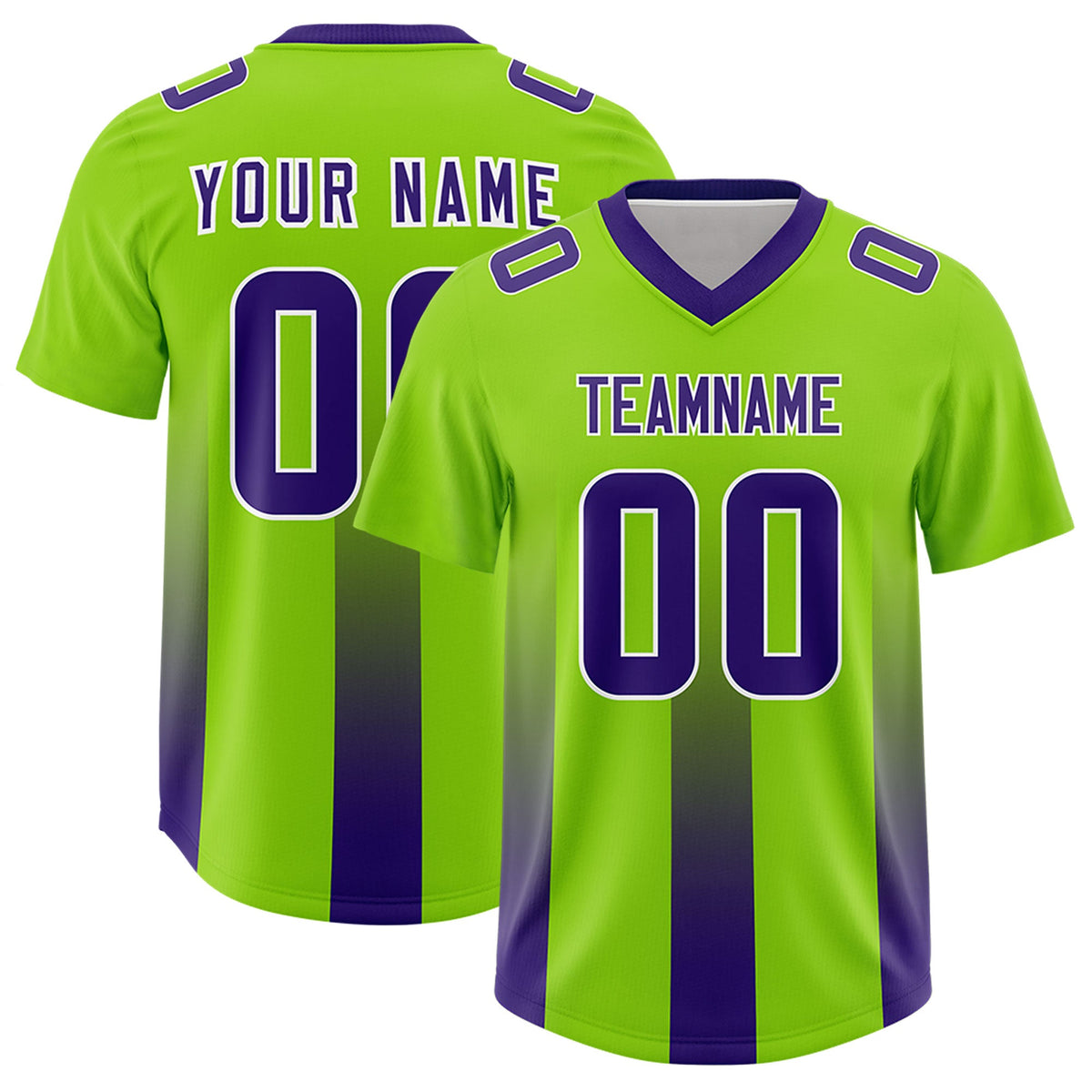 Custom Neon Green Purple Vertical Width Stripe Gradient Fashion Personalized Team American Football Jersey