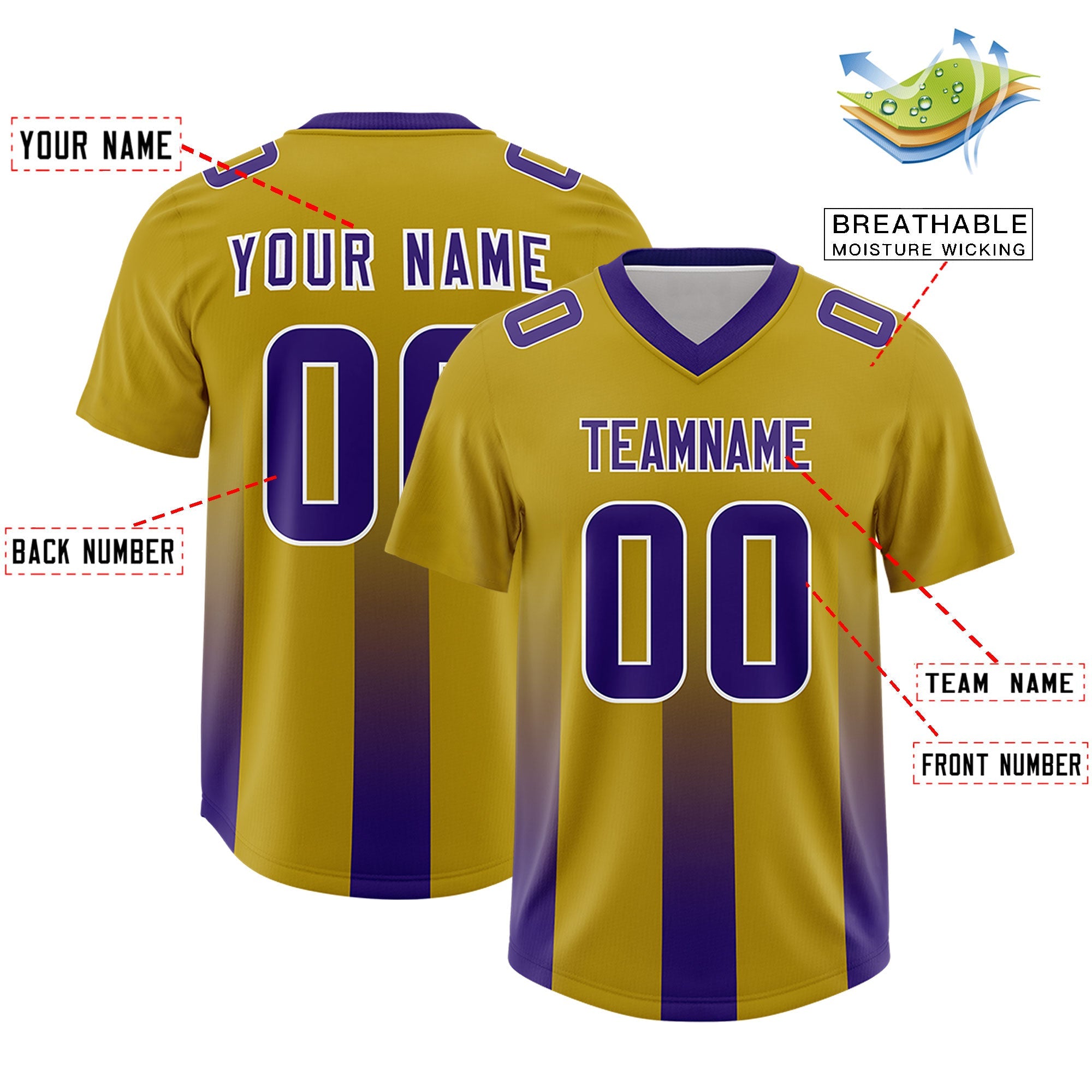 Custom Old Gold Purple Vertical Width Stripe Gradient Fashion Personalized Team American Football Jersey