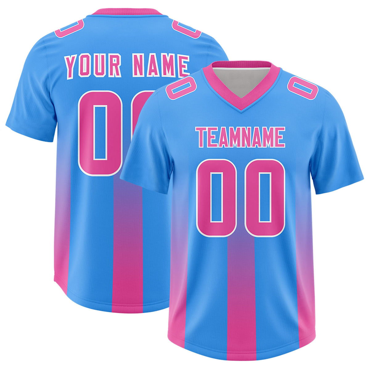 Custom Light Blue Pink Vertical Width Stripe Gradient Fashion Personalized Team American Football Jersey