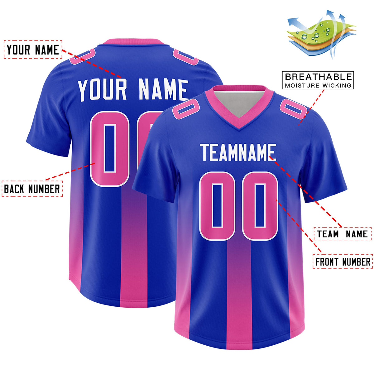 Custom Royal Pink Vertical Width Stripe Gradient Fashion Personalized Team American Football Jersey