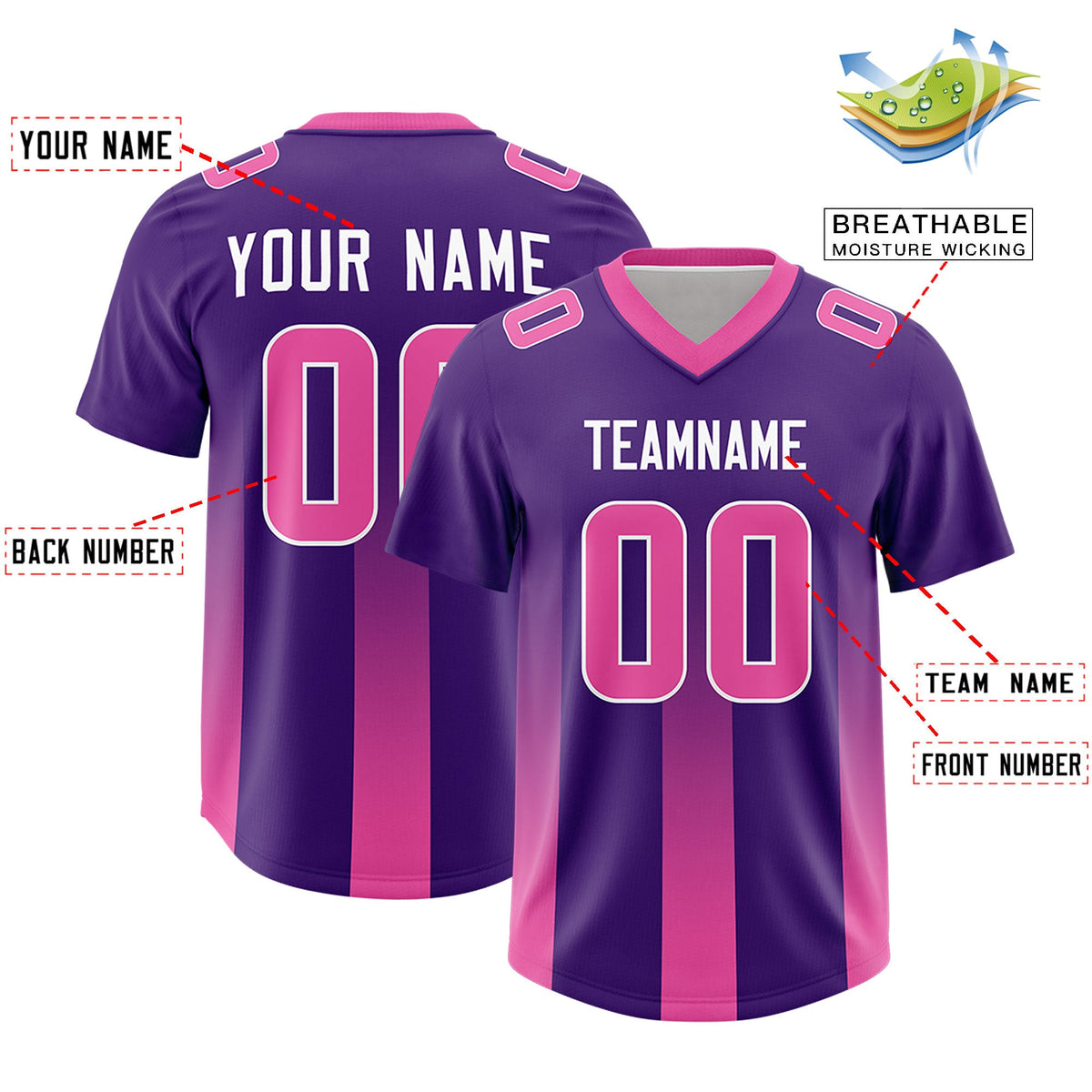 Custom Purple Pink Vertical Width Stripe Gradient Fashion Personalized Team American Football Jersey