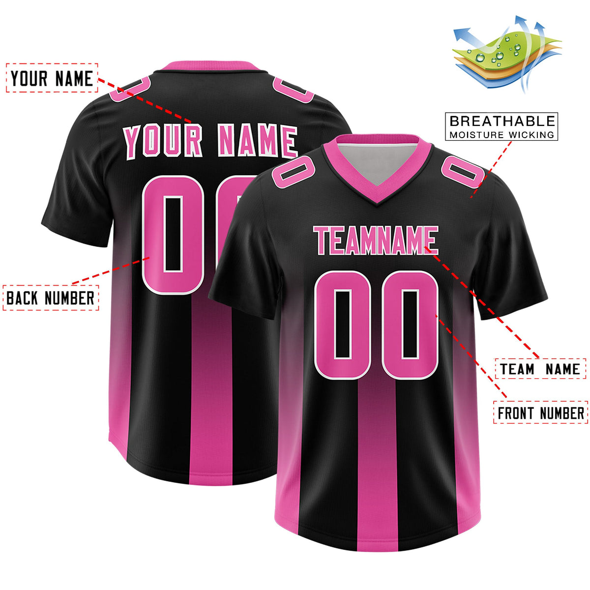Custom Black Pink Vertical Width Stripe Gradient Fashion Personalized Team American Football Jersey