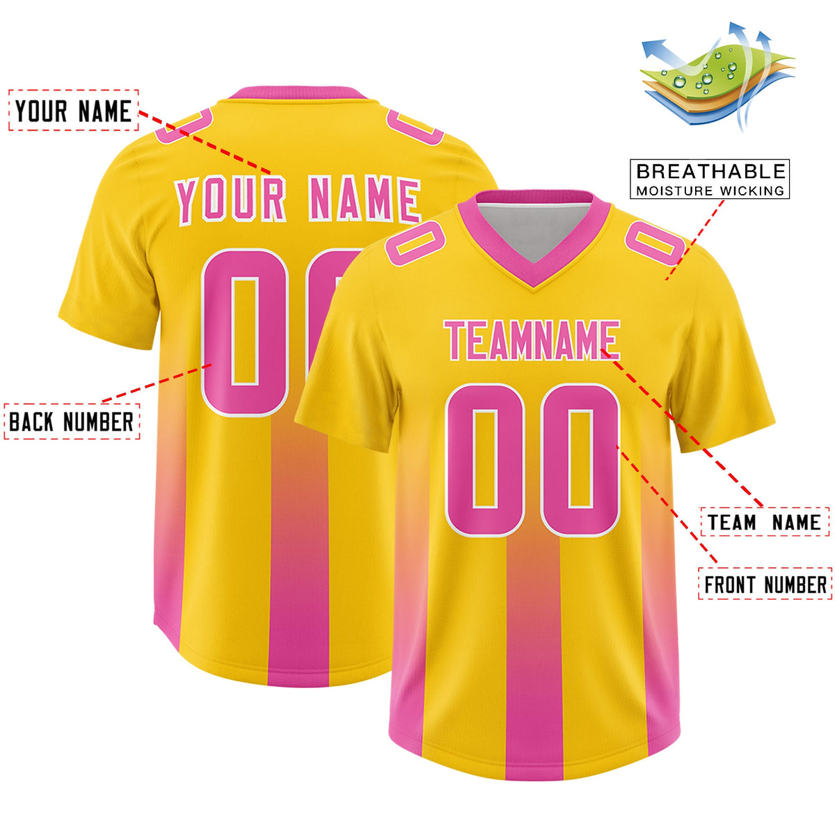 Custom Yellow Pink Vertical Width Stripe Gradient Fashion Personalized Team American Football Jersey