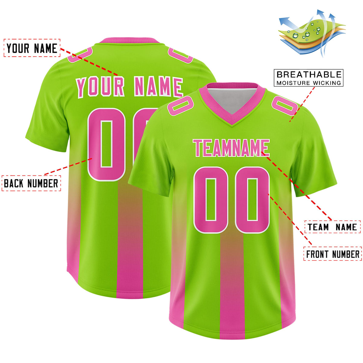 Custom Neon Green Pink Vertical Width Stripe Gradient Fashion Personalized Team American Football Jersey