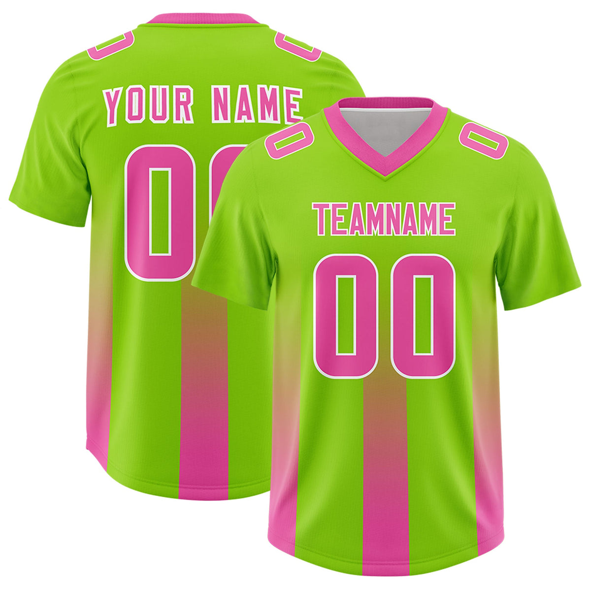 Custom Neon Green Pink Vertical Width Stripe Gradient Fashion Personalized Team American Football Jersey
