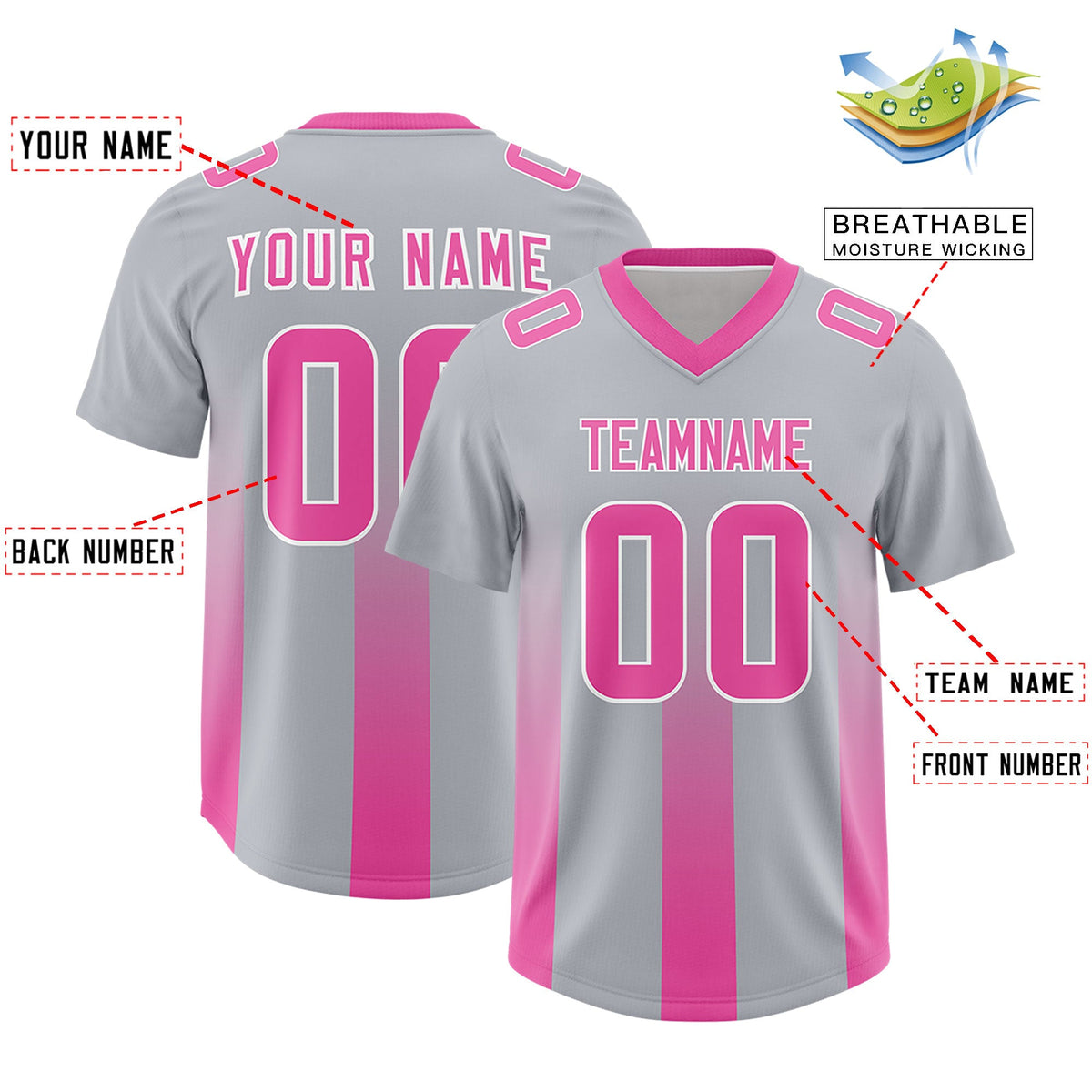 Custom Gray Pink Vertical Width Stripe Gradient Fashion Personalized Team American Football Jersey