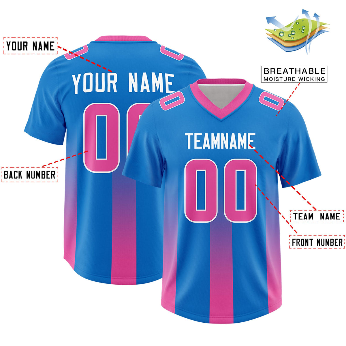 Custom Royal Pink Vertical Width Stripe Gradient Fashion Personalized Team American Football Jersey