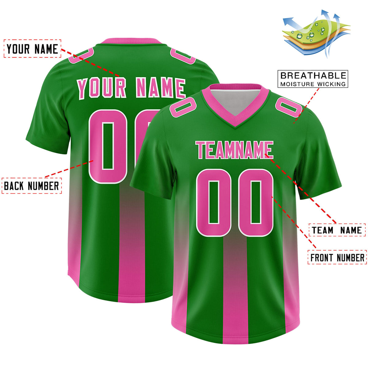 Custom Kelly Green Pink Vertical Width Stripe Gradient Fashion Personalized Team American Football Jersey