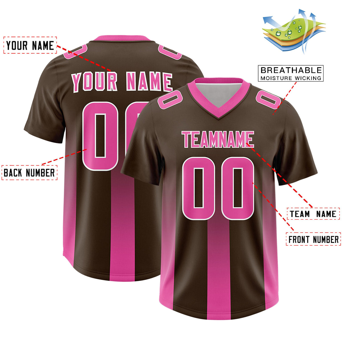 Custom Brown Pink Vertical Width Stripe Gradient Fashion Personalized Team American Football Jersey