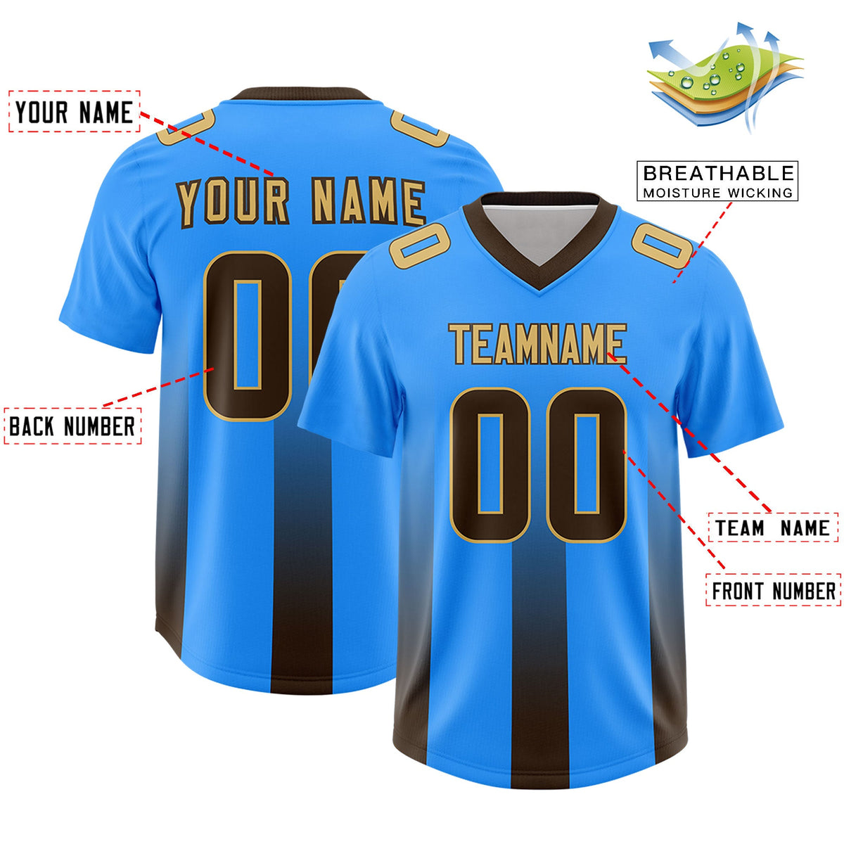 Custom Light Blue Brown Vertical Width Stripe Gradient Fashion Personalized Team American Football Jersey