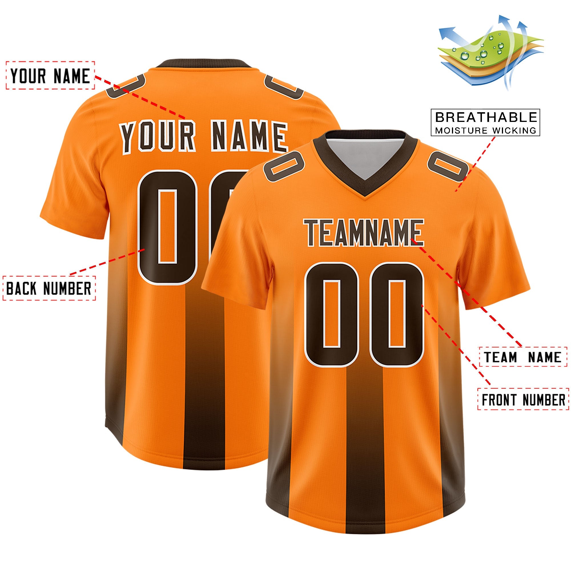 Custom Orange Brown Vertical Width Stripe Gradient Fashion Personalized Team American Football Jersey