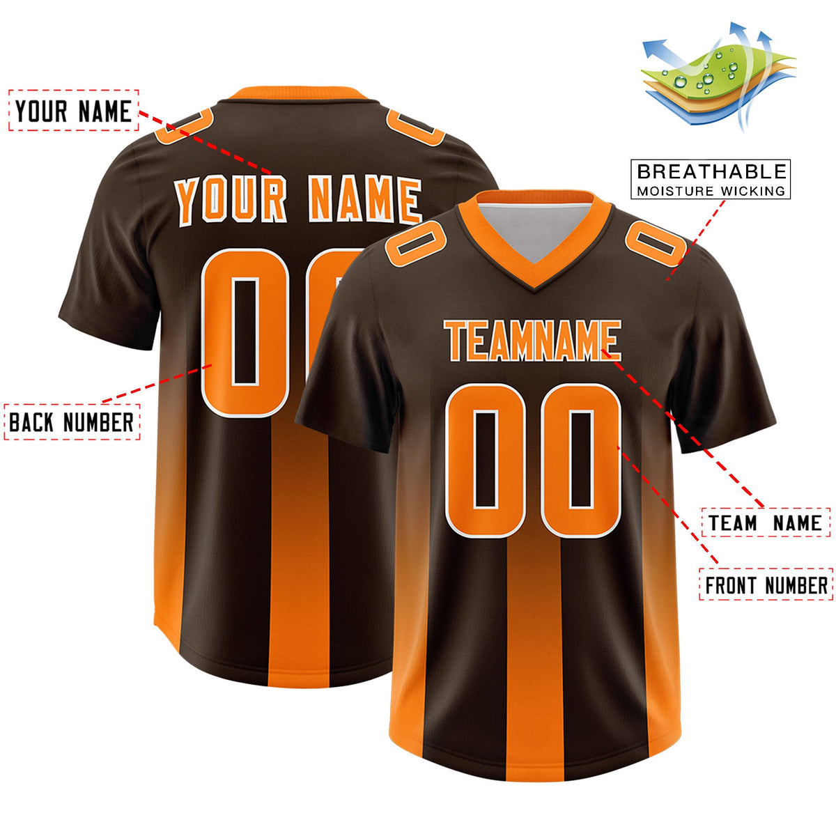 Custom Brown Orange Vertical Width Stripe Gradient Fashion Personalized Team American Football Jersey