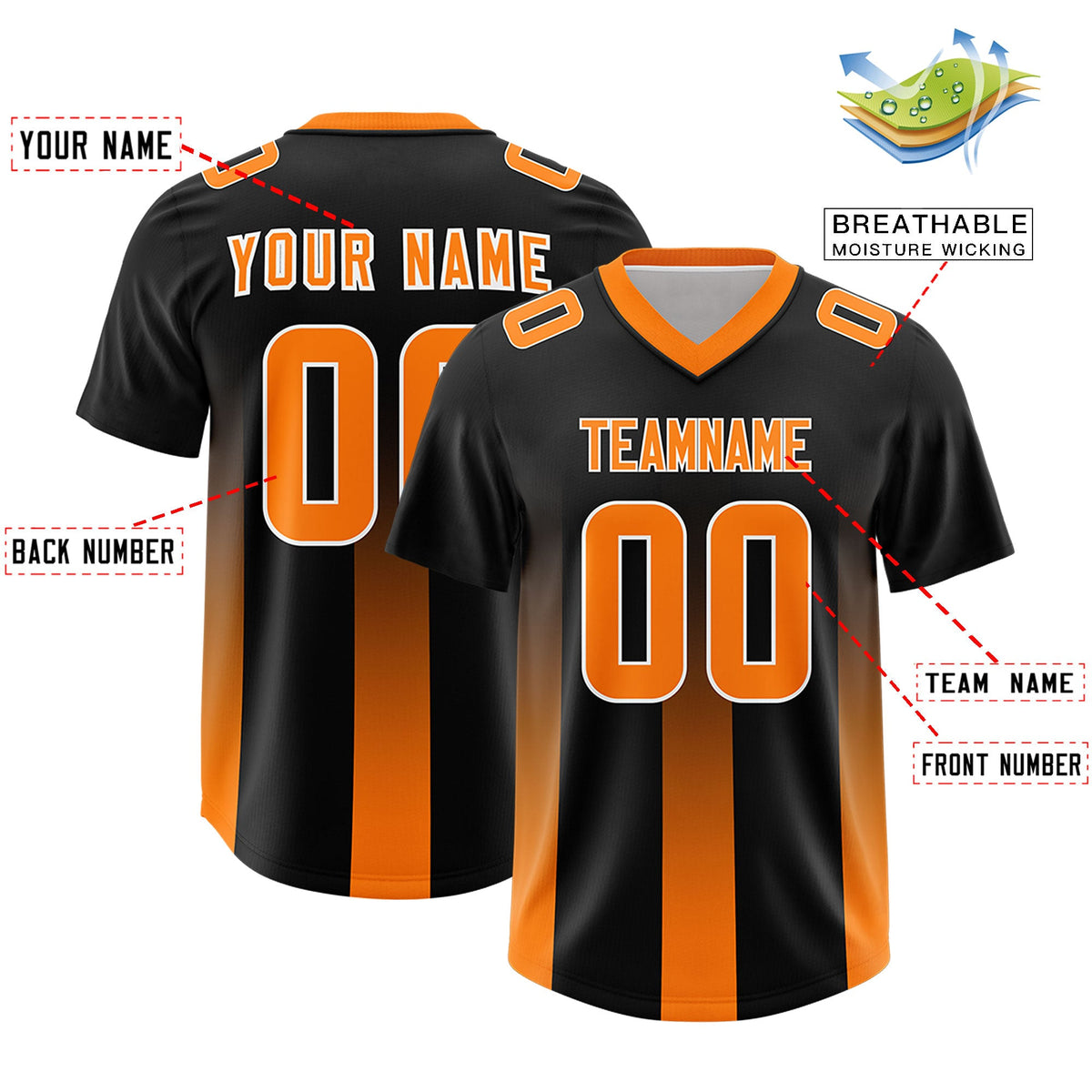 Custom Black Orange Vertical Width Stripe Gradient Fashion Personalized Team American Football Jersey