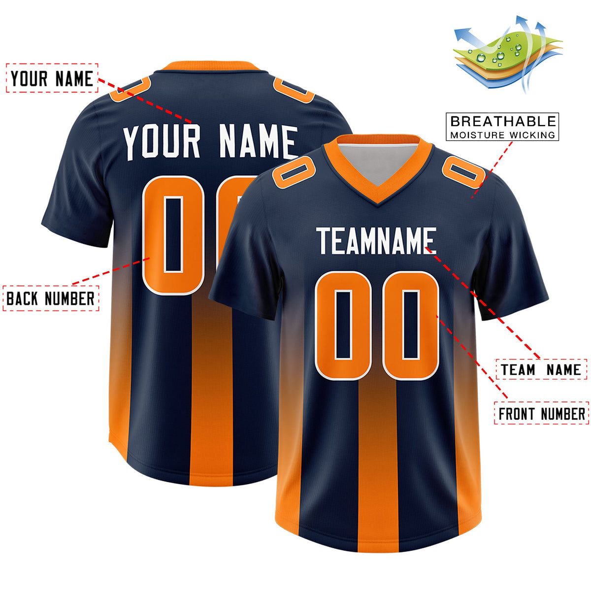 Custom Navy Orange Vertical Width Stripe Gradient Fashion Personalized Team American Football Jersey