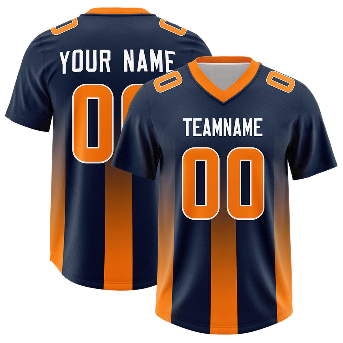 Custom Navy Orange Vertical Width Stripe Gradient Fashion Personalized Team American Football Jersey