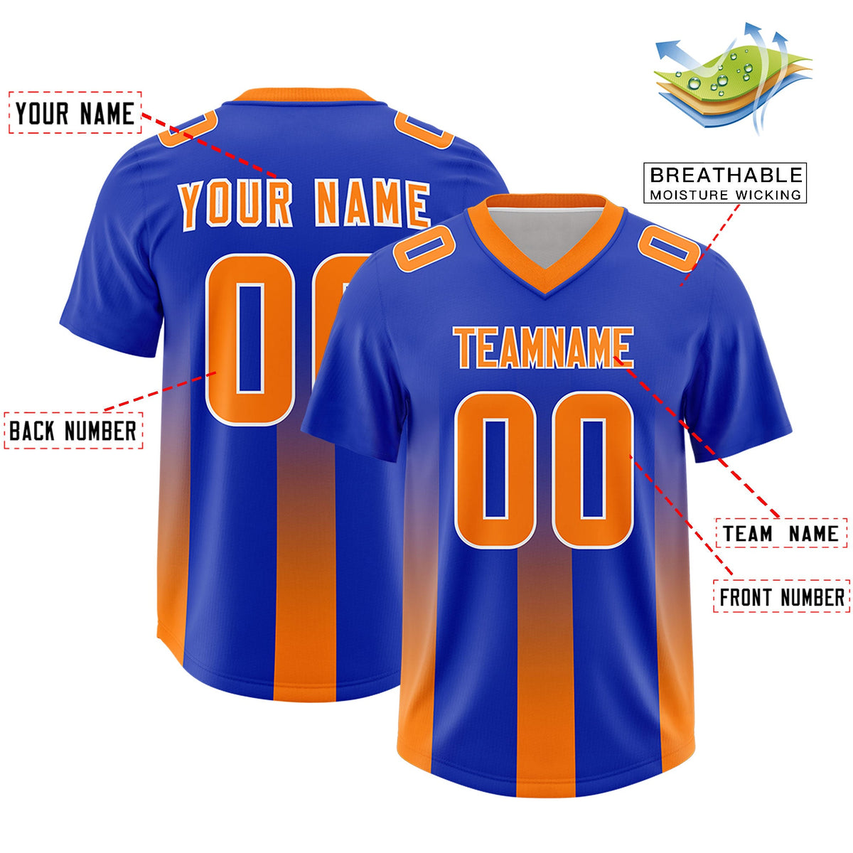 Custom Royal Orange Vertical Width Stripe Gradient Fashion Personalized Team American Football Jersey