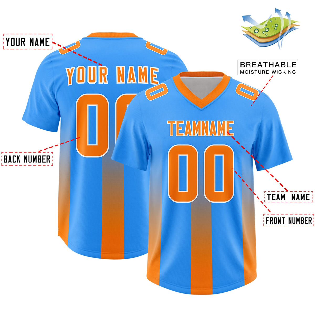 Custom Light Blue Orange Vertical Width Stripe Gradient Fashion Personalized Team American Football Jersey