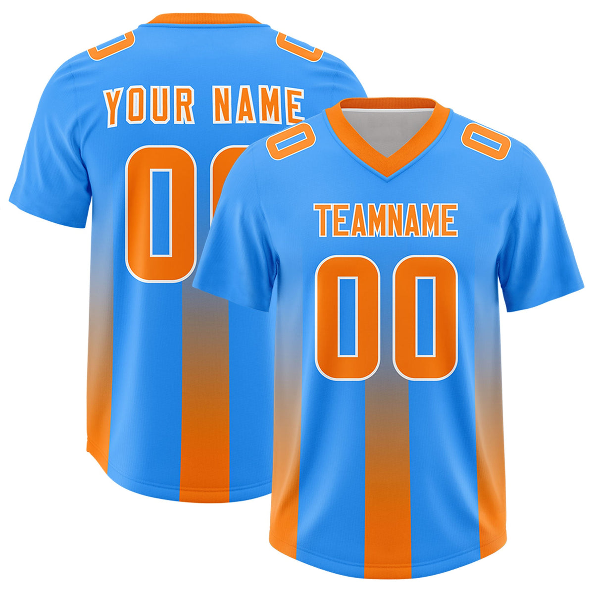 Custom Light Blue Orange Vertical Width Stripe Gradient Fashion Personalized Team American Football Jersey