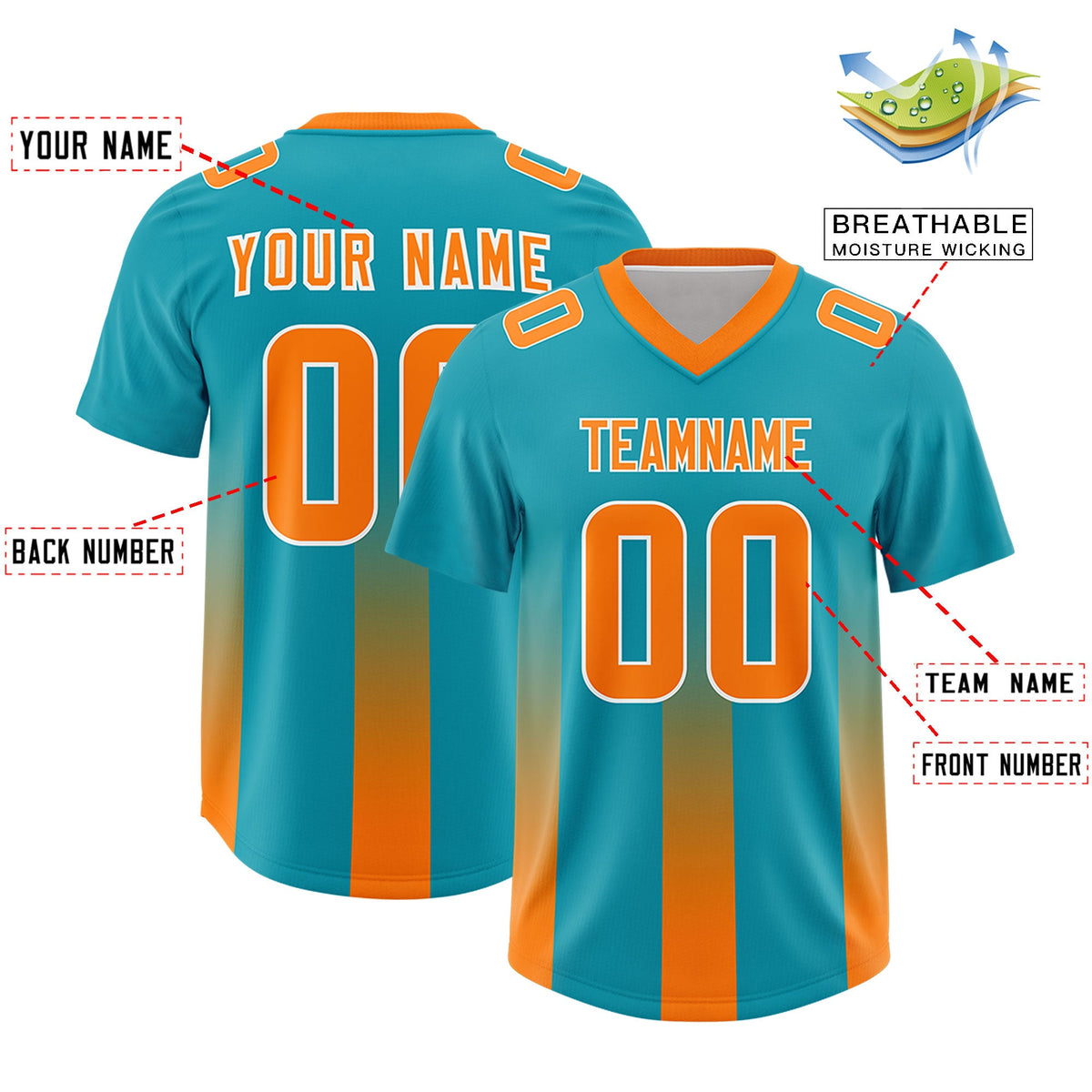 Custom Aqua Orange Vertical Width Stripe Gradient Fashion Personalized Team American Football Jersey