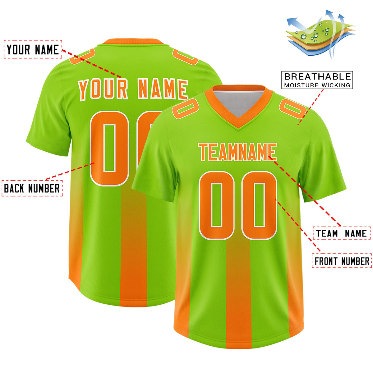 Custom Neon Green Orange Vertical Width Stripe Gradient Fashion Personalized Team American Football Jersey