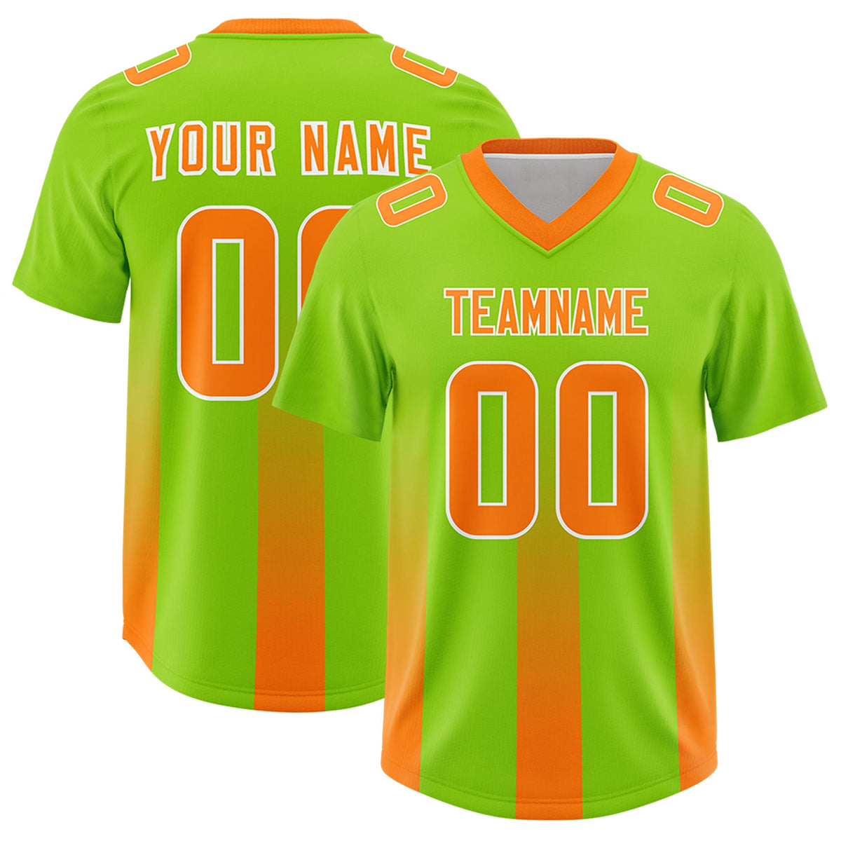 Custom Neon Green Orange Vertical Width Stripe Gradient Fashion Personalized Team American Football Jersey