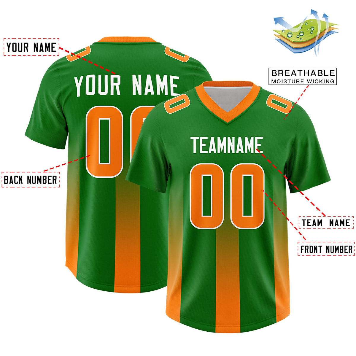 Custom Kelly Green Orange Vertical Width Stripe Gradient Fashion Personalized Team American Football Jersey