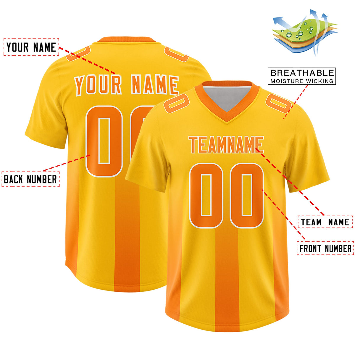 Custom Yellow Orange Vertical Width Stripe Gradient Fashion Personalized Team American Football Jersey